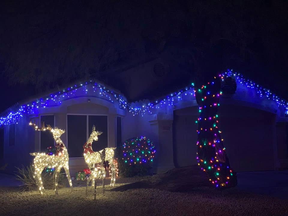 House decorated with blue and multicolored Christmas lights, lit reindeer and a light-wrapped tree in front